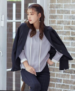 Tiaclasse L 【洗える】ピンタック配色ブラウス サックス×アイボリー