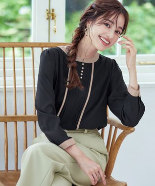 Tiaclasse L 【洗える】ピンタック配色ブラウス ブラック×ベージュ