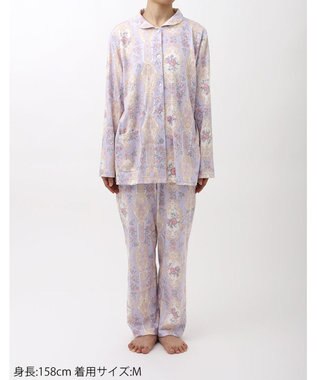 WACOAL ワコール_リラックス＆スリープ パジャマ 長袖 長ズボン 綿100％(本体) スムース素材 ハドンホール 上下セット 前開き ミントン NDV140 /ワコール パープル