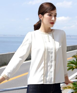 Tiaclasse L 【洗える】ピンタック配色ブラウス アイボリー×ベージュ