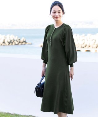 Tiaclasse 【洗える】パフ袖が大人可愛い袖コンビニットワンピース カーキ