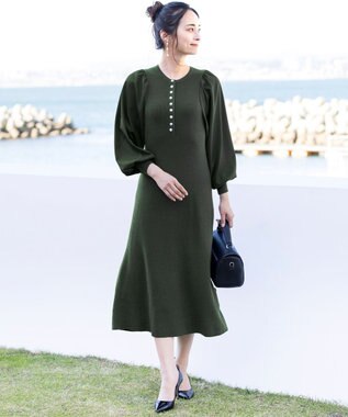 Tiaclasse 【洗える】パフ袖が大人可愛い袖コンビニットワンピース カーキ