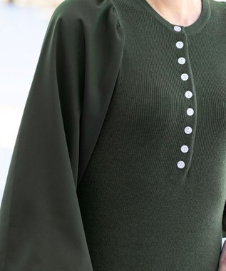 Tiaclasse 【洗える】パフ袖が大人可愛い袖コンビニットワンピース カーキ