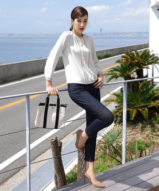 Tiaclasse 【洗える】ピンタック配色ブラウス アイボリー×ベージュ