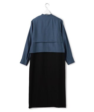 ICB 【洗える】ウールワッシャーツイル シャツドッキング ワンピース ブルーグレー×ブラック