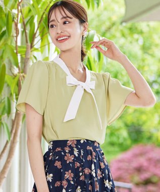Tiaclasse 【洗える】配色リボンタイブラウス ライム