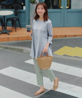 Tiaclasse L 【おのののかさん着用】半袖＆七分袖選べる袖丈バックフレアチュニック 七分袖ネイビーストライプ