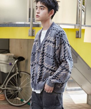 WEGO ベロアモールパターンカーディガン グレーチェック1
