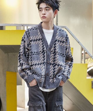 WEGO ベロアモールパターンカーディガン グレーチェック1