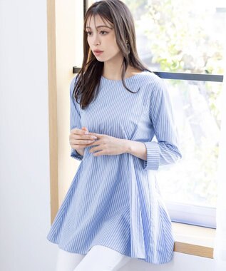 Tiaclasse L 【おのののかさん着用】半袖＆七分袖選べる袖丈バックフレアチュニック 七分袖サックスストライプ