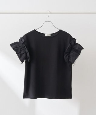 earth music&ecology 【接触冷感/洗濯機可】ギャザーフリルスリーブカットソー Black