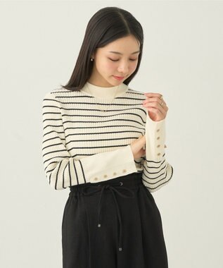 earth music&ecology スリーブ釦ニットプルオーバー Border Ivory
