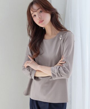 Tiaclasse 【洗える】リボン袖ポンチトップス グレージュ