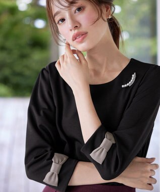 Tiaclasse L 【洗える】リボン袖ポンチトップス ブラック×グレージュ