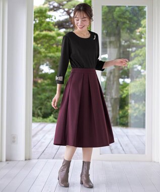 Tiaclasse 【洗える】リボン袖ポンチトップス ブラック×グレージュ