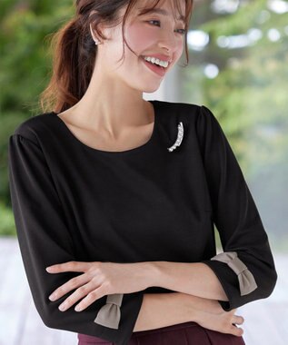 Tiaclasse 【洗える】リボン袖ポンチトップス ブラック×グレージュ