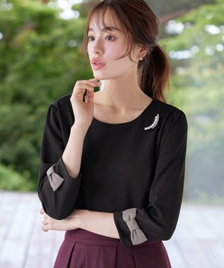 Tiaclasse 【洗える】リボン袖ポンチトップス ブラック×グレージュ