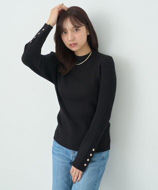 earth music&ecology スリーブ釦ニットプルオーバー Black