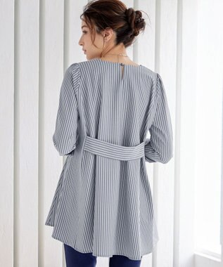 Tiaclasse L 【おのののかさん着用】半袖＆七分袖選べる袖丈バックフレアチュニック 七分袖ネイビーストライプ