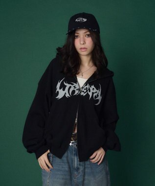 WEGO 【ユニセックス着用ITEM】ワッフルグラフィックカットZIPパーカー ブラック