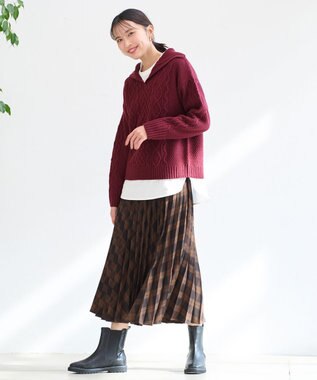 ANY 【洗濯機可】スキッパーソフトタッチアラン柄ニット ボルドー