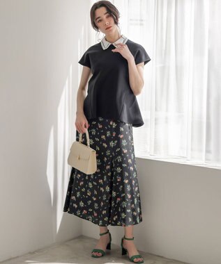 組曲 【加藤ローサさん着用】フレンチテリー 刺繍襟 ペプラムカットソー ブラック系