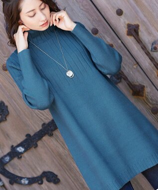 Tiaclasse L 【洗える】もっちり柔らかいハーフリブニットチュニック ブルー