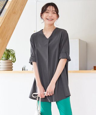 Tiaclasse L 【洗える】ストレッチタフタタックチュニックブラウス チャコールグレー