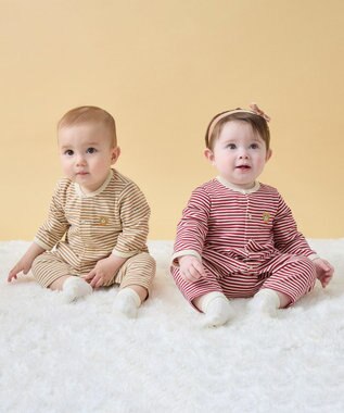 MIKI HOUSE HOT BISCUITS 【70-80cm】【Everyday Series】ワンポイント ボーダーカバーオール ワインレッド