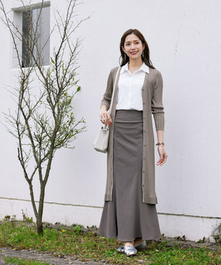 Tiaclasse 【洗える】ベルト付きランダムリブロングカーディガン グレージュ