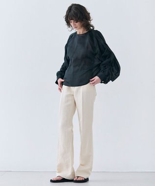 BEIGE， 【洗える】PAULINE / タックギャザーリネンボリュームブラウス Black