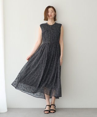 YECCA VECCA シアードット柄ギャザーワンピース Black