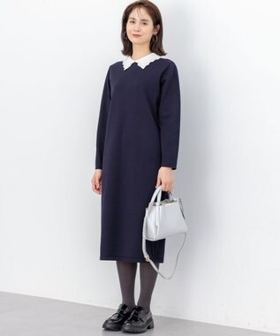 組曲 L レースライク襟付きニットワンピース ネイビー系