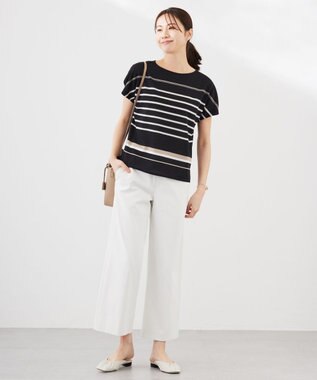 J.PRESS LADIES L パネルボーダー フレンチスリーブ カットソー ブラック系1