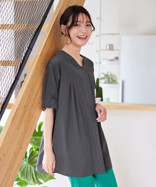 Tiaclasse L 【洗える】ストレッチタフタタックチュニックブラウス チャコールグレー