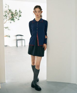 earth music&ecology バイカラートリムロングニットカーディガン Navy