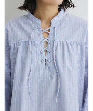 Green Parks ストライプレースアップシャツ Stripe