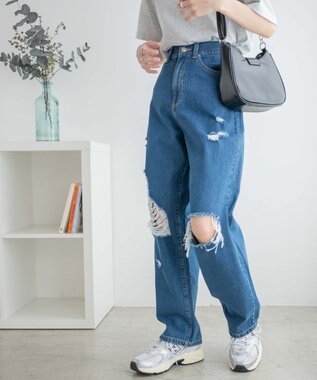 WEGO ヘビークラッシュローライズパンツ デニム中濃色