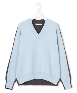 ICB 【先行予約】 コットンポリエステルスムース Vネックニット サックスグレー×チャコール