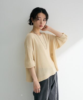 Green Parks かのこボートネック７分袖ニットプルオーバー Light Beige