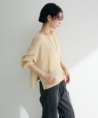 Green Parks かのこボートネック７分袖ニットプルオーバー Light Beige