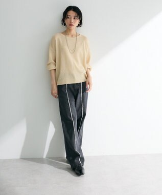Green Parks かのこボートネック７分袖ニットプルオーバー Light Beige