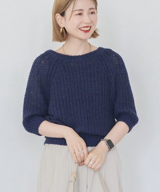 AMERICAN HOLIC モヘヤ風シアー半袖ニットトップス Navy