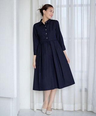 Tiaclasse L 【洗える】パール釦フレアシャツワンピース ネイビー