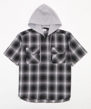 WEGO 【ユニセックス着用ITEM/MLサイズ展開】オンブレチェックフードシャツ（SS） ブラックチェック1