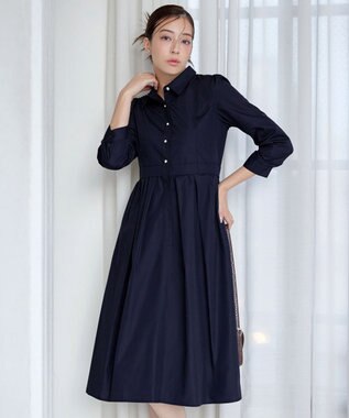 Tiaclasse L 【洗える】パール釦フレアシャツワンピース ネイビー