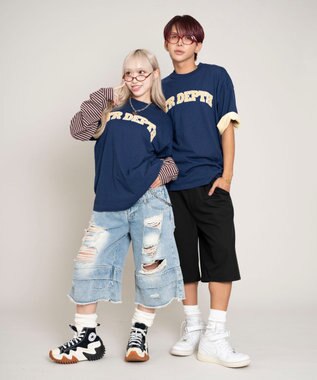 WEGO 【ユニセックス着用ITEM/MLサイズ展開】チェックカレッジグラフィックT（SS） ネイビー