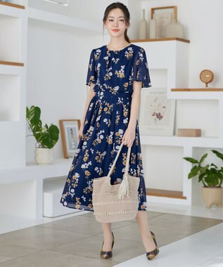 Tiaclasse 大花柄シフォンワンピース ネイビー