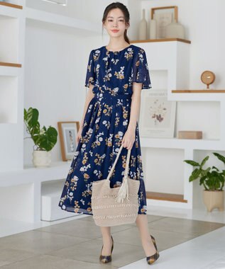 Tiaclasse 大花柄シフォンワンピース ネイビー