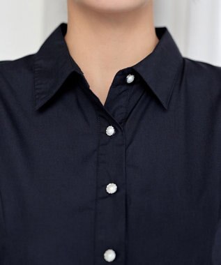 Tiaclasse L 【洗える】パール釦フレアシャツワンピース ネイビー